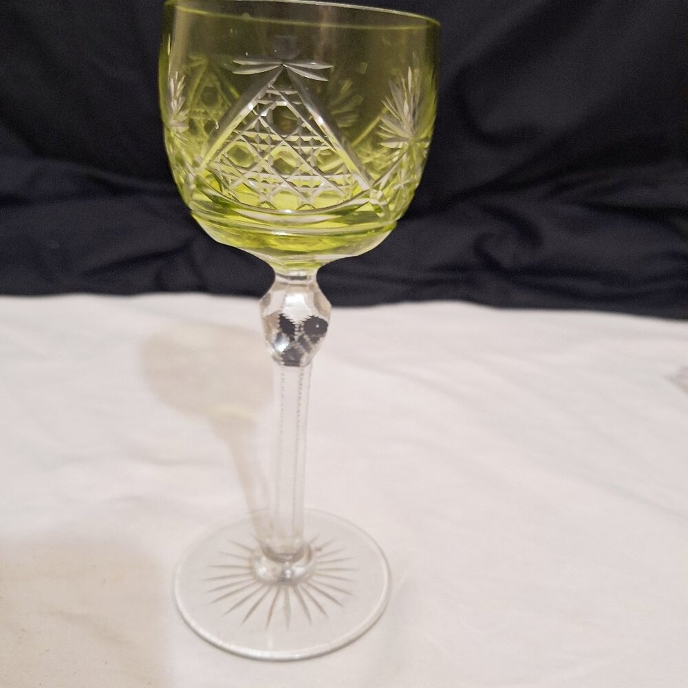 Vintage  Hock Wine Glass Cut to Clear Green Peridot /Lime 7 ½”.